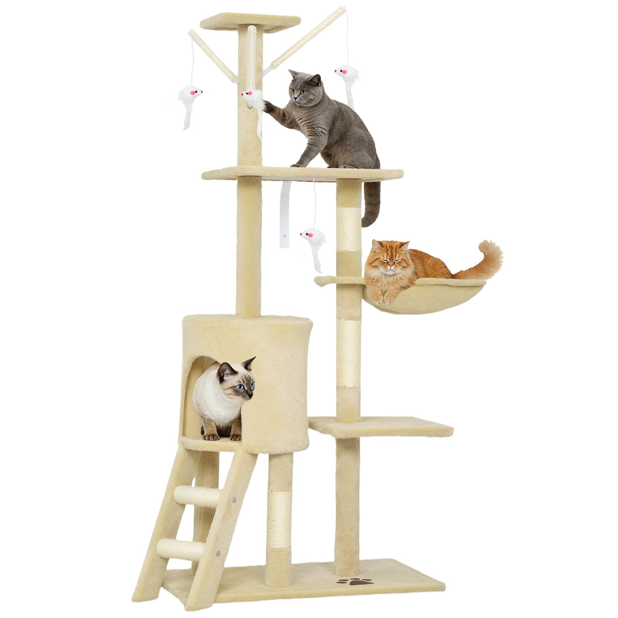 PawHut Kratzbaum 134 cm hoch Katzenbaum mit Hhle, 4 Spielzeuge,  Sisalstmme, groe Plattform, Treppe, mehrstckiger Katzenkratzbaum,  Kletterbaum, Plsch, fr Katzen unter 5 kg, Beige : Amazon.de: Haustier