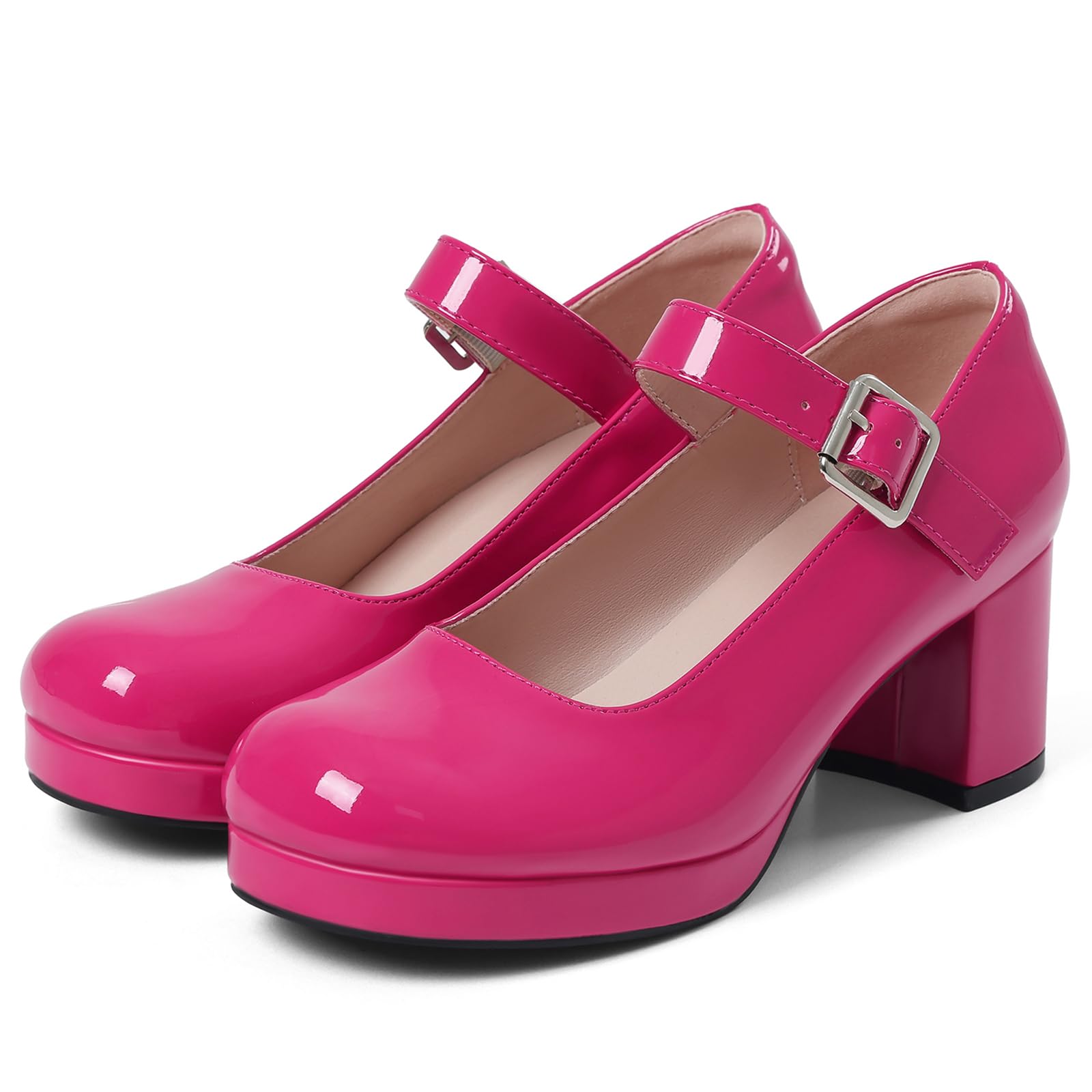 femflame Women's Low Chunky Heel Mary Jane Pumps Ankle Buckle Strap Sweet Round Toe Dress Shoes JK Cosplay Uniform Dress Shoes