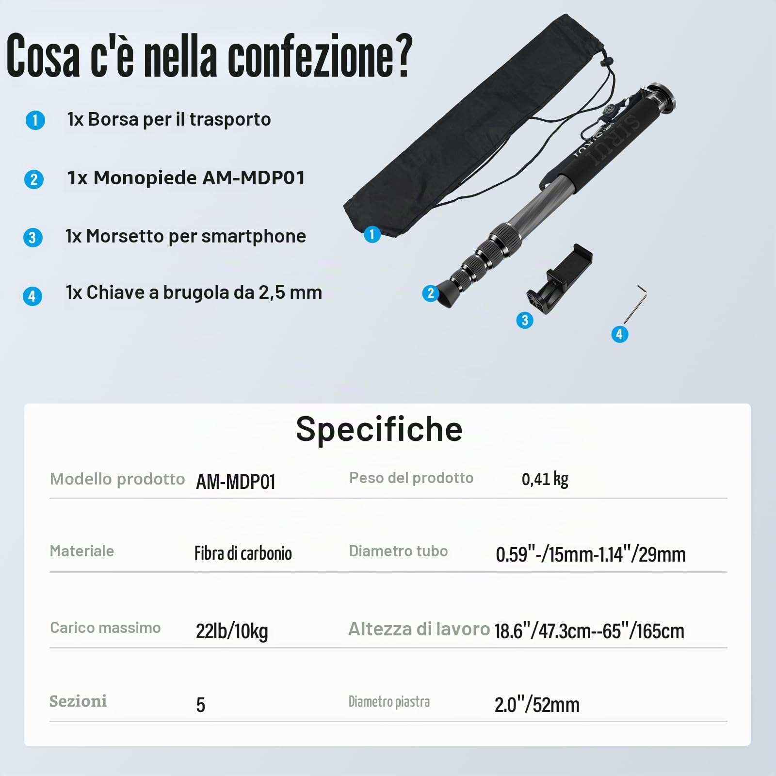 SIRUI Monopiede in fibra di carbonio per fotocamere, monopiede da viaggio compatto e leggero da 65 pollici, 5 sezioni, supporto per telefono incluso, carico fino a 22 libbre/10 kg, AM-MDP01