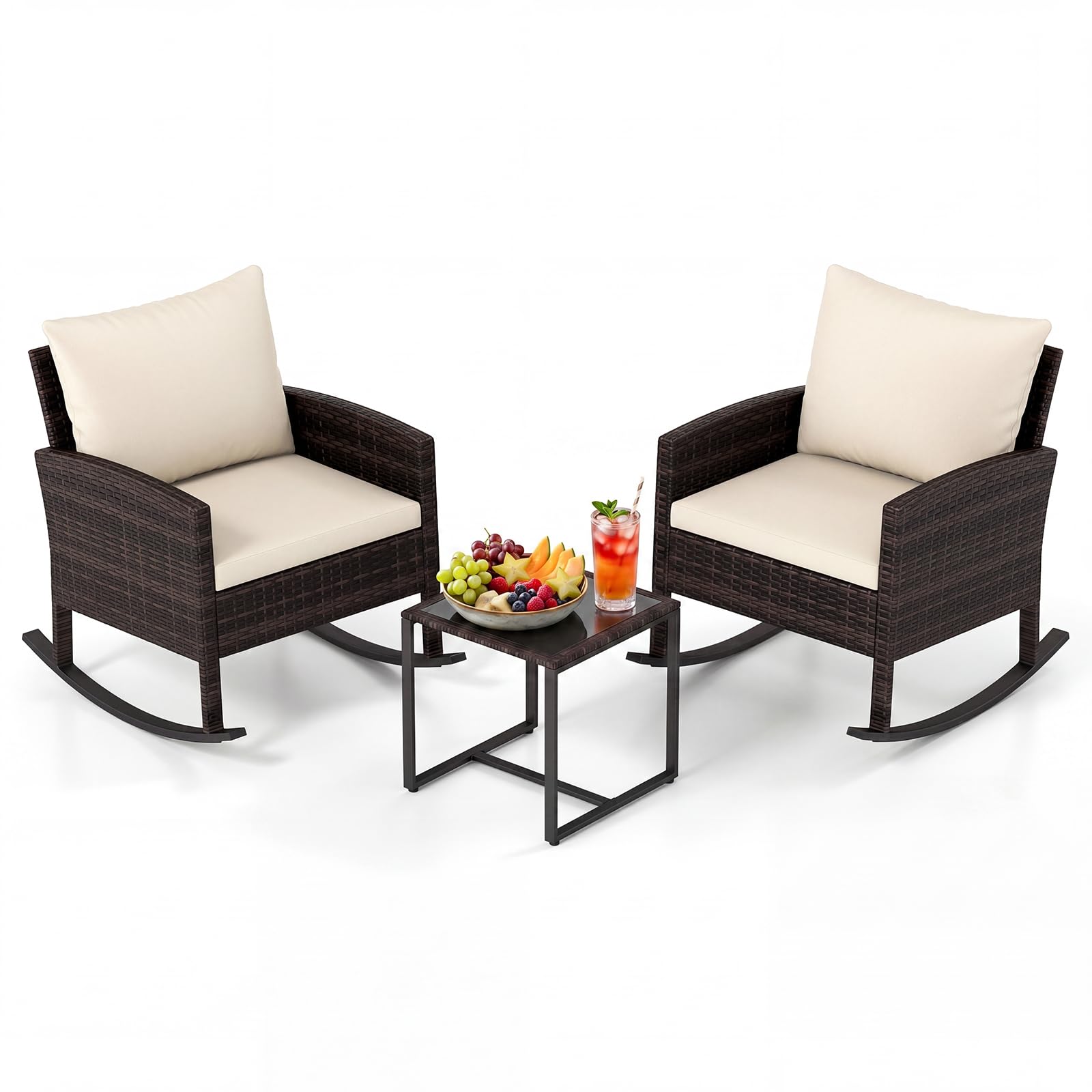 SOARS Salotto da Esterno 3 Pezzi in Rattan, Set Mobili da Giardino con 2 Poltrone a Dondolo, Tavolino da Caffè in Vetro Temperato e Comodi Cuscini con Fodera Lavabile, per Balcone, Cortile (Beige)