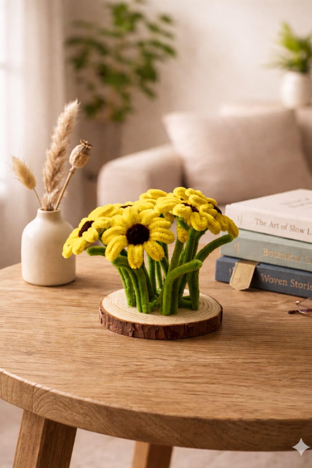 Artificial Flowers with Wooden Base Handmade Mini Decorative Flower Pot | Pipe Cleaner Floral Tabletop Decor with Wooden Coaster for Home Office Desk Decoration Gifting Yellow-image-45