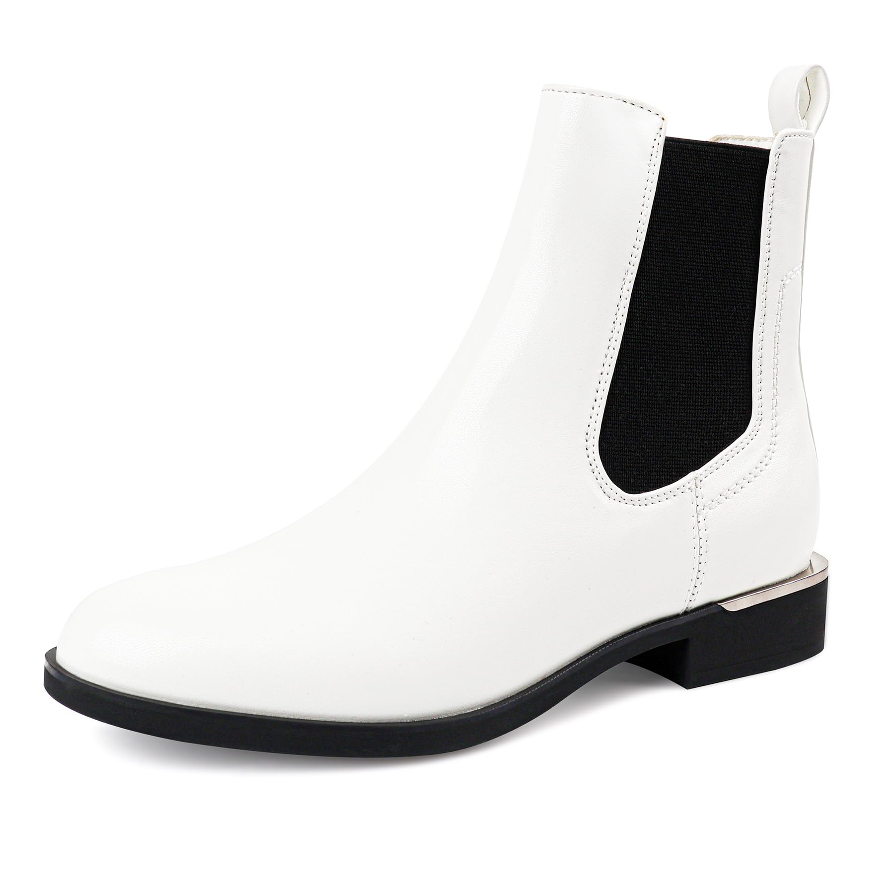 Stylish Womens Waterproof Chelsea Boots - Round Toe Anti-Slip Rubber Sole White Leather Business Casual Ankle Booties