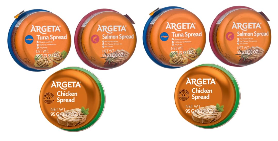 MOVEX Argeta Pate Spread Variety Pack, 6 Pack (2 Chicken, 2 Tuna, 2 Salmon), Orange/blue/red/green
