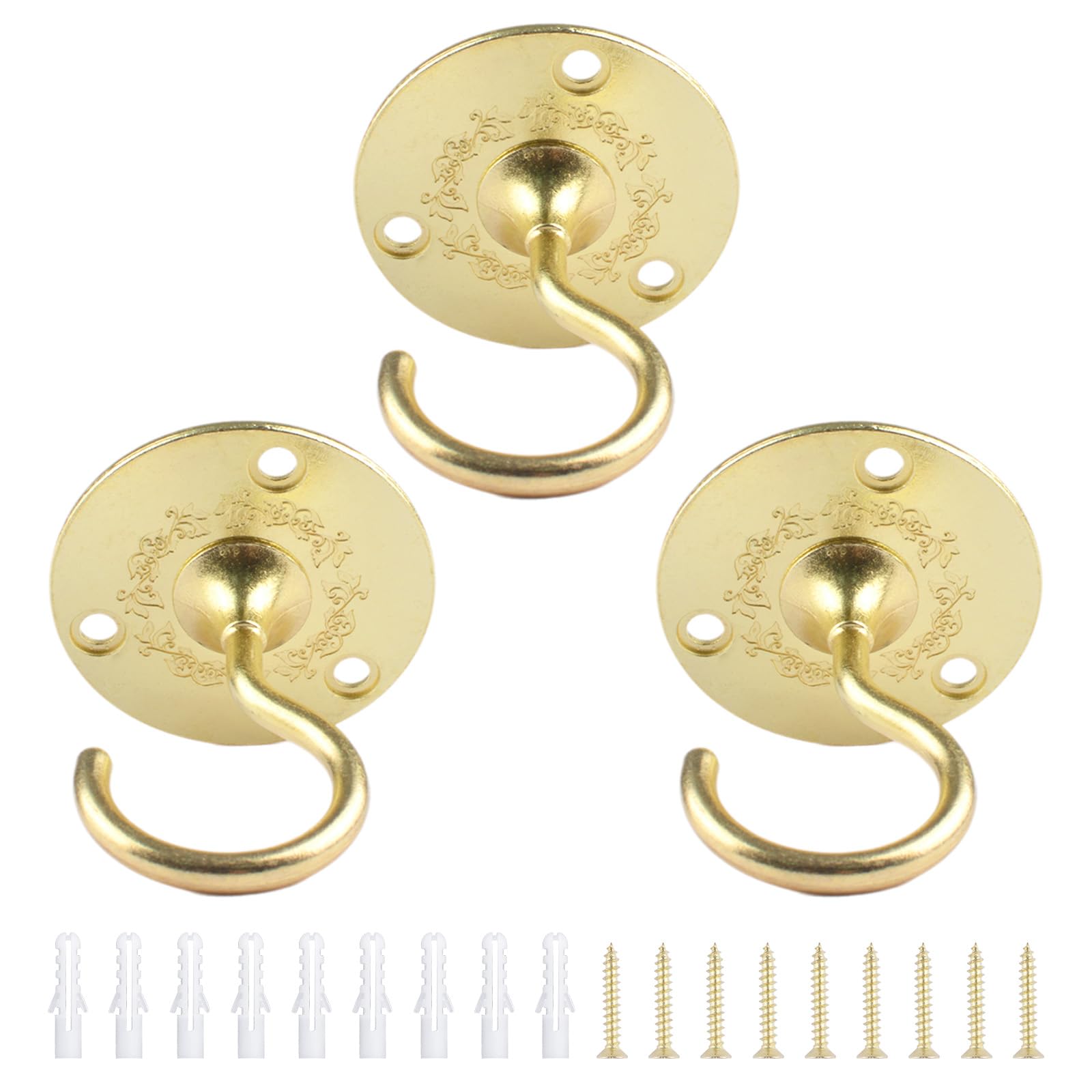 INCREWAY 3Pcs Gold Disc-Shaped Carved Ceiling Hook Round Plate Hook for Hanging Plants Lights Decorations, Ceiling Mount Hook for Indoor Use — image 1