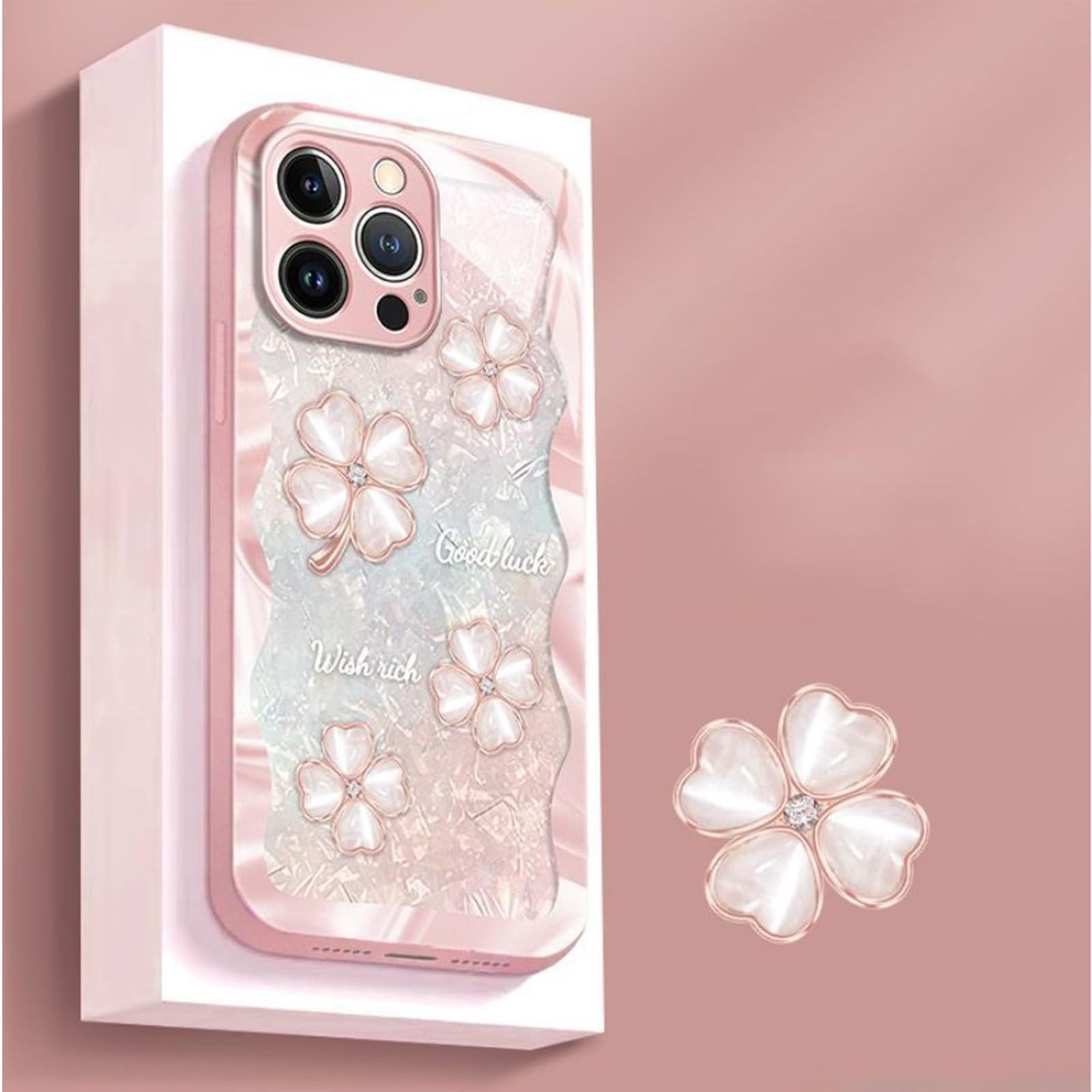 Glitter Clear Case Compatible for iPhone 14 pro, Flower Floral Case, Cute Four-Leaf Clover Pattern, Shockproof