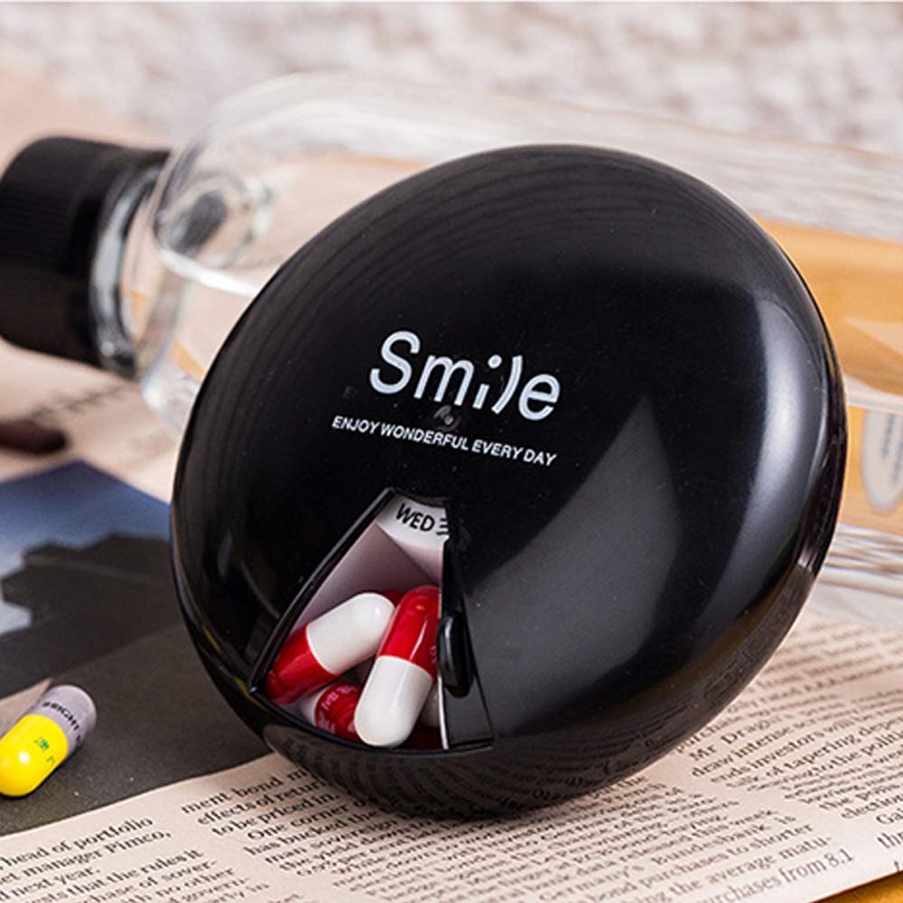INVODA Pill Case Pills Organizer Rotate 7 Day Weekly Pills Dispenser Pill Box Black Pill Storage Pill Container