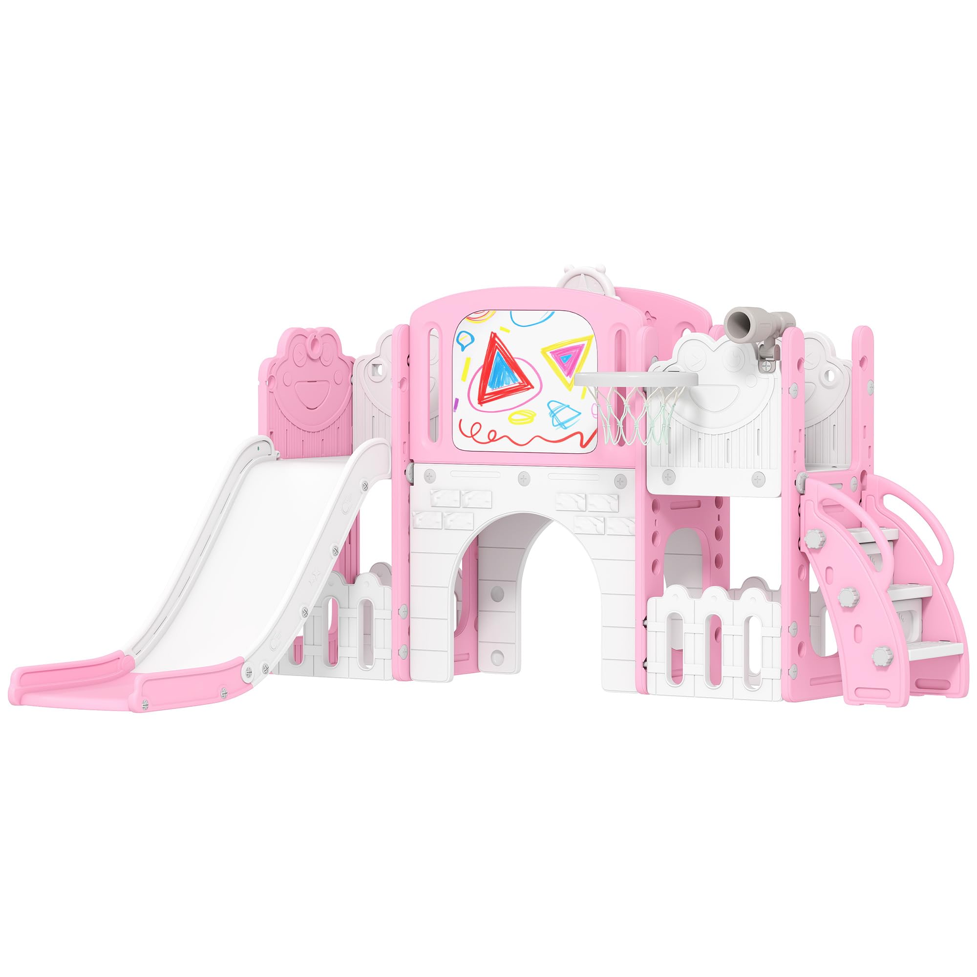 AIYAPLAY Tobogán Infantil 7 en 1, Tobogán para Niños de 1-3 Años, Temática de Rana, con Aro de Baloncesto, Túnel, Pizarra, Telescopio de Juguete, Escalador y Cajas, para Interior y Exterior, Rosa