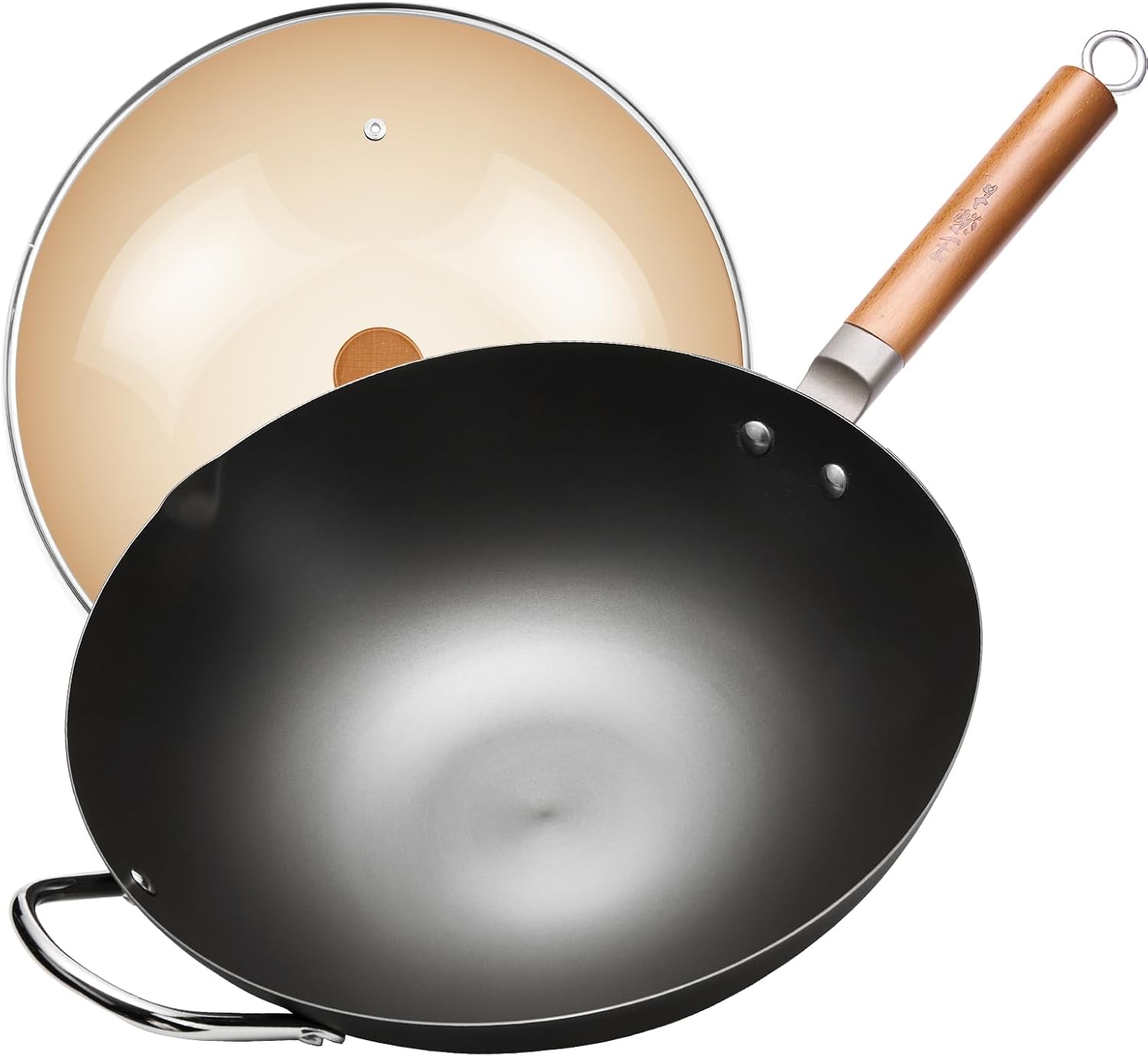 WANGYUANJI Carbon Steel Wok,14.2" Wok Pan with Lid, Woks & Stir-Fry Pans No Chemical Coated Wok for Induction, Electric, Gas, Suitable for All Stoves,Flat Bottom Iron Wok