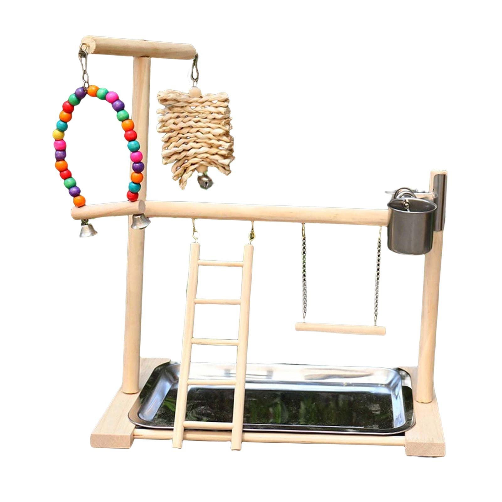 Perchoir pour Perroquets avec Balançoire, échelle, Mangeoire et Accessoires en Bois Naturel, Fabriqué à La Main. Convient Aux Animaux de Compagnie.