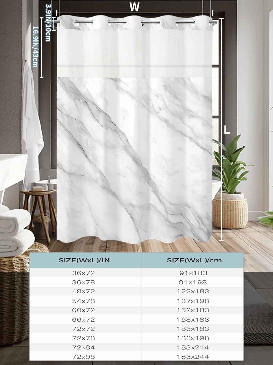 Marble No Hook Shower Curtain with Snap in Liner Set, Modern Grey White Rock Monochrome Simple Waterproof & Washable Fabric, See Through Mesh Top Window Bath Curtain for Bathroom Bathtub Hotel 48"x72"