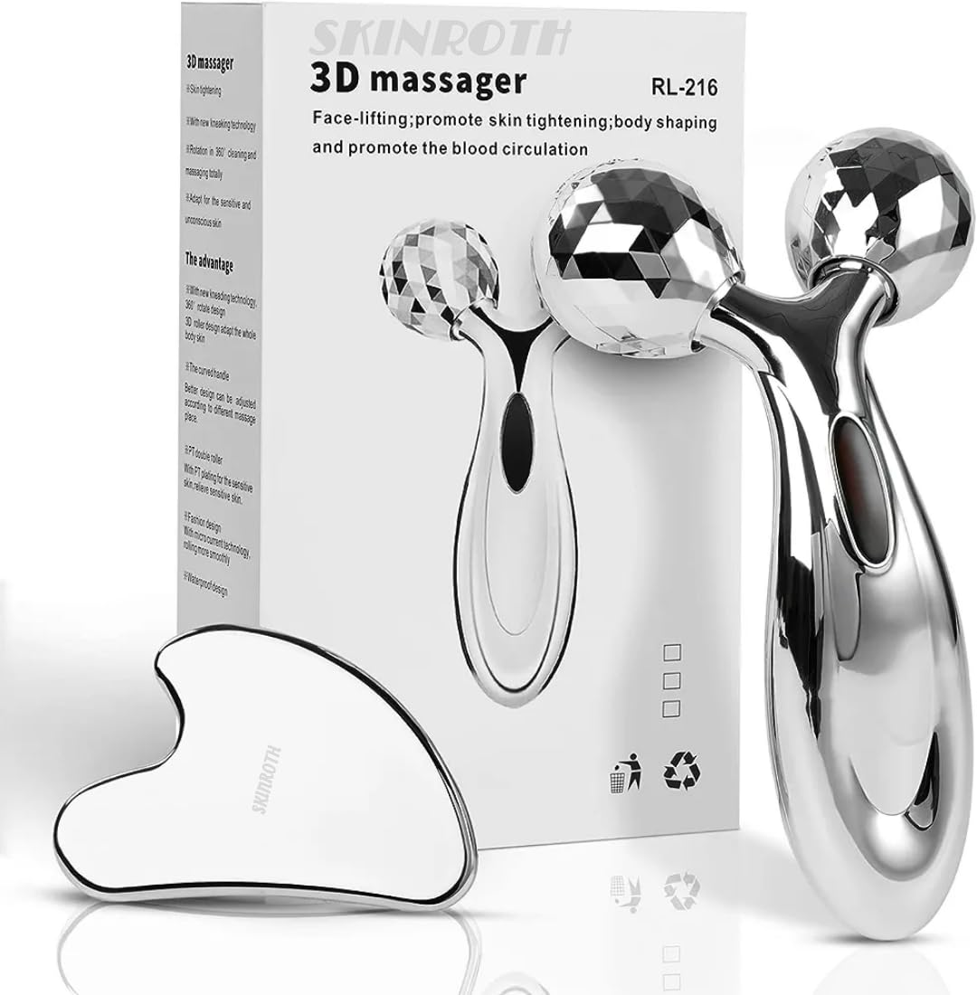 SKINROTH Satinless Steel Gua Sha and 3D Face Roller Massager | Facial Tool for Face Sculpting |Reduce Fat Wrinkle Puffiness Jawline | Eye Nack Body Massage Kit-picture-21
