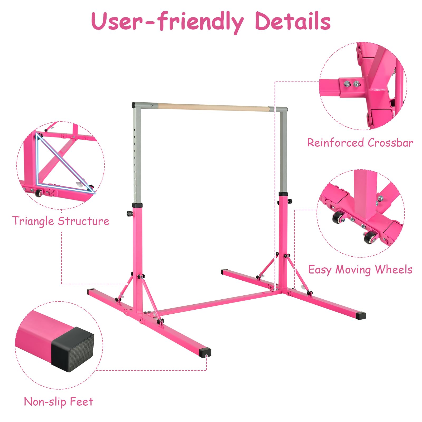 KOMFOTTEU Barra de Gimnasia para Niños, Barra Horizontal con Altura Ajustable de 13 Niveles, Barra de Entrenamiento de Metal y Madera, Equipo de Gimnasia con Carga de 100 kg