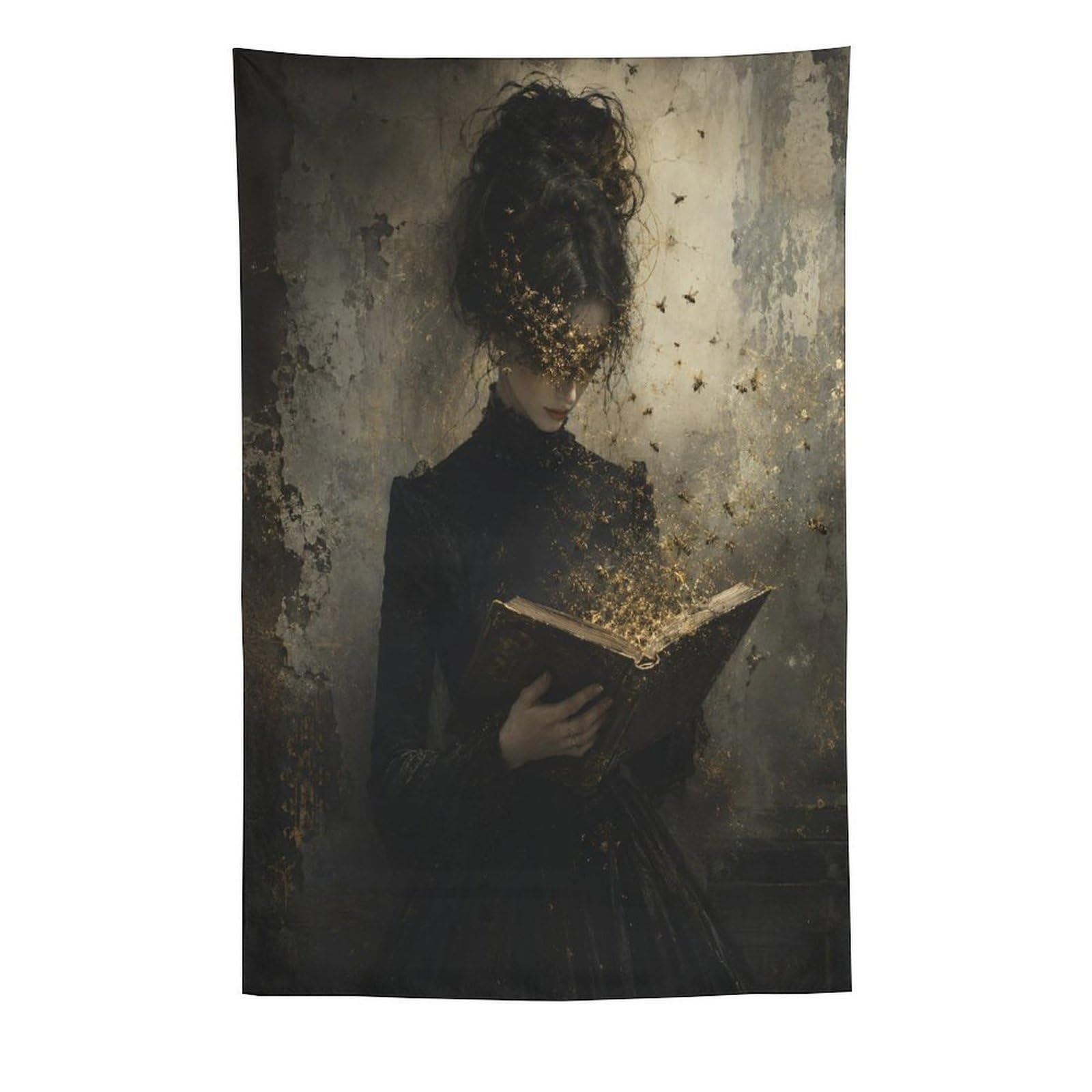 W7C8U2X3 Dark Woman with Book Wall Tapestry, Detailed Illustration, Bed