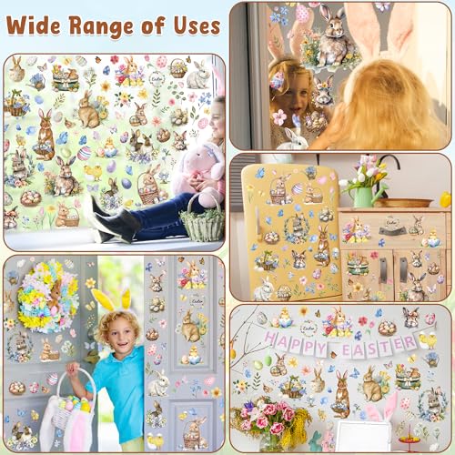 Image of 9 Sheets Easter Window Clings, 87 PCS Watercolor Easter Party Decorations with Bunny Egg Flower, Double Sided Egg Window Decals Stickers for Spring Decor Home Office Party Supplies