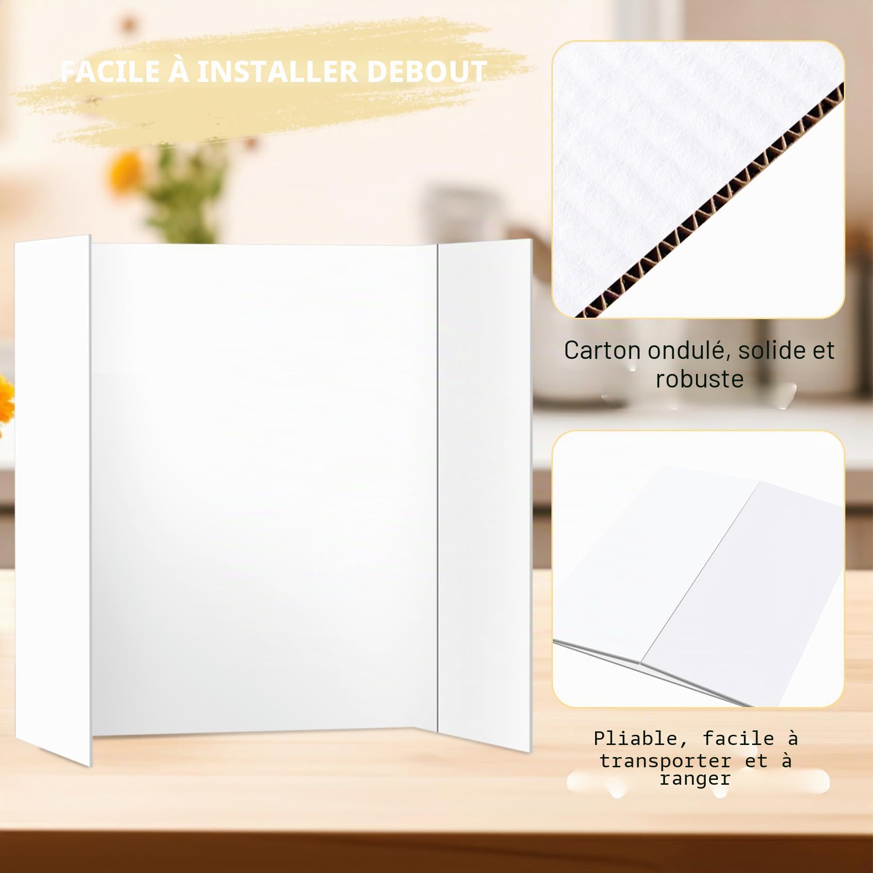 HAUTOCO Lot de 3 petits panneaux d'affichage tri-pliables, panneau d'affichage de présentation pliable 536 x 356 mm, carton ondulé léger pour afficher des photos, projets d'art et d'artisanat, blanc