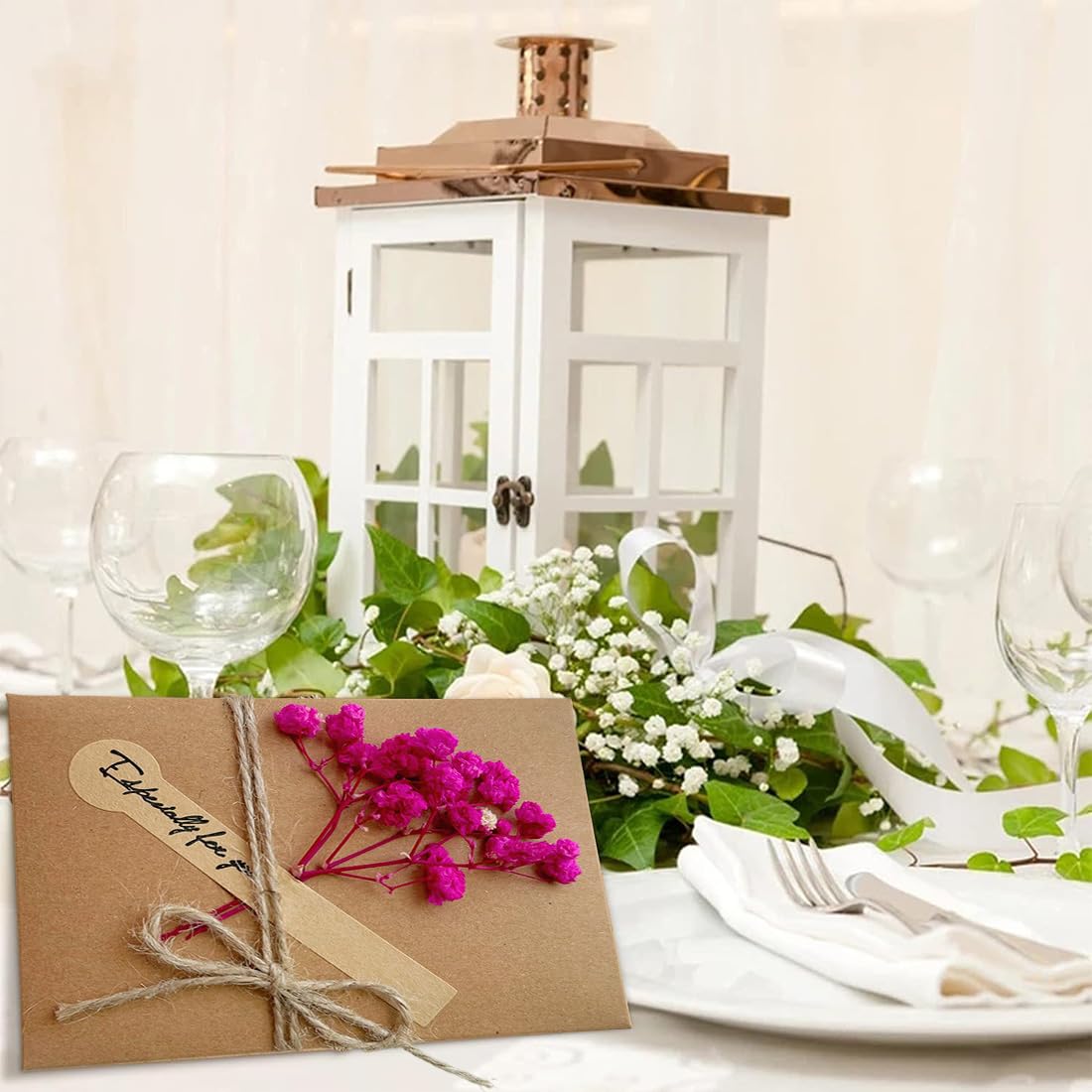 Tarjeta de Felicitación Vintage con Flores Secas, Postales Kraft para Cumpleaños Boda Navidad - 10 Sobres