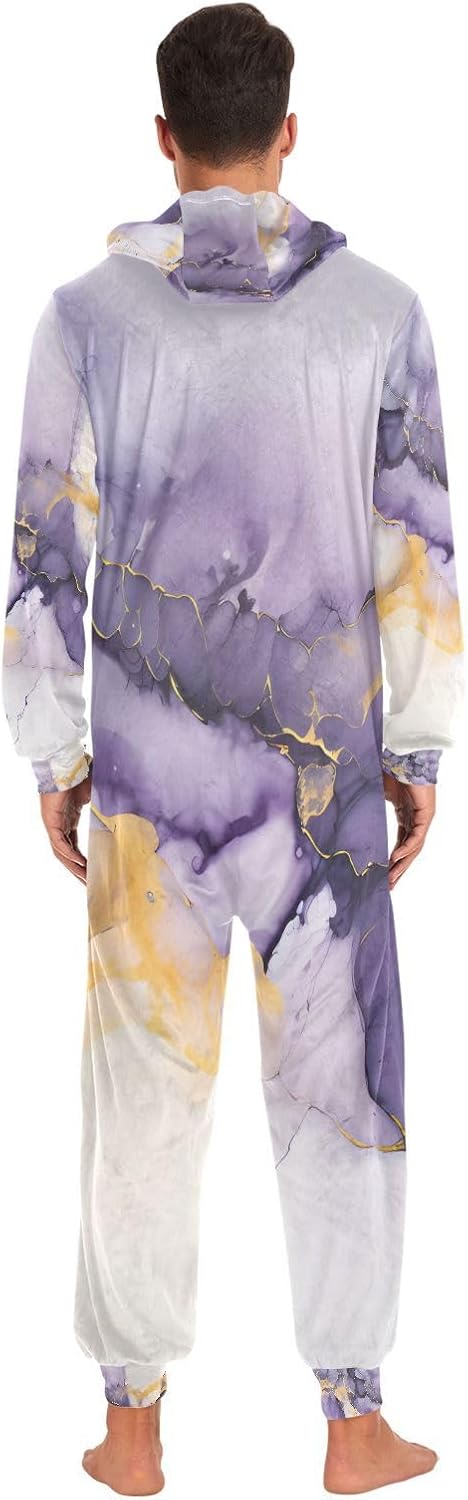 Purple Marble Gold Fluid Marble Unisex Adult Onesie Pajamas Comfy One Piece Costume Jumpsuits Novelty Sleepwear Homewear for Men Women