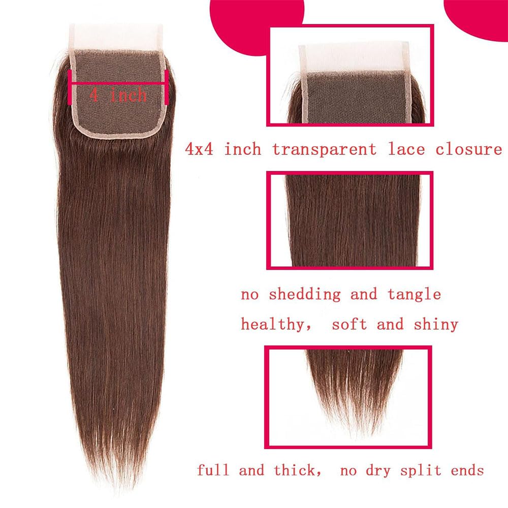 Human Hair Bundles #4 Chocolate Brown Straight 4x4 Lace Closure Bündel Echthaar pour Les Human Hair Extensions Echthaar Tressen Double Weft Remy Hair 28 Inch