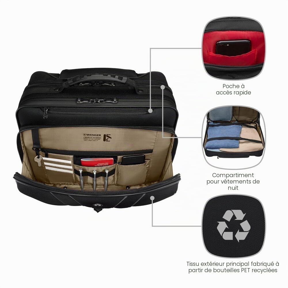 WENGER Legacy Black Series Mallette, Sac avec roulettes pour Portable, Trolley, Notebook Jusqu’à 15,6’’, 29 l, Bureau Affaires Fac École, Noire, 653631