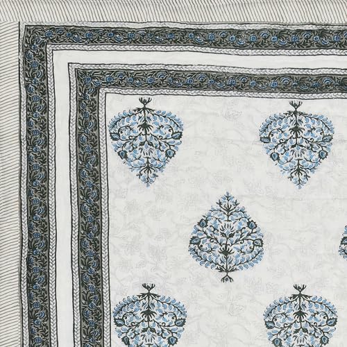 Image of BLOCKS OF INDIA Cotton Single Size Quilt Hand Block Print for Light Winters (60x90 Inches) (Grey PAAN Motifs)-300 TC
