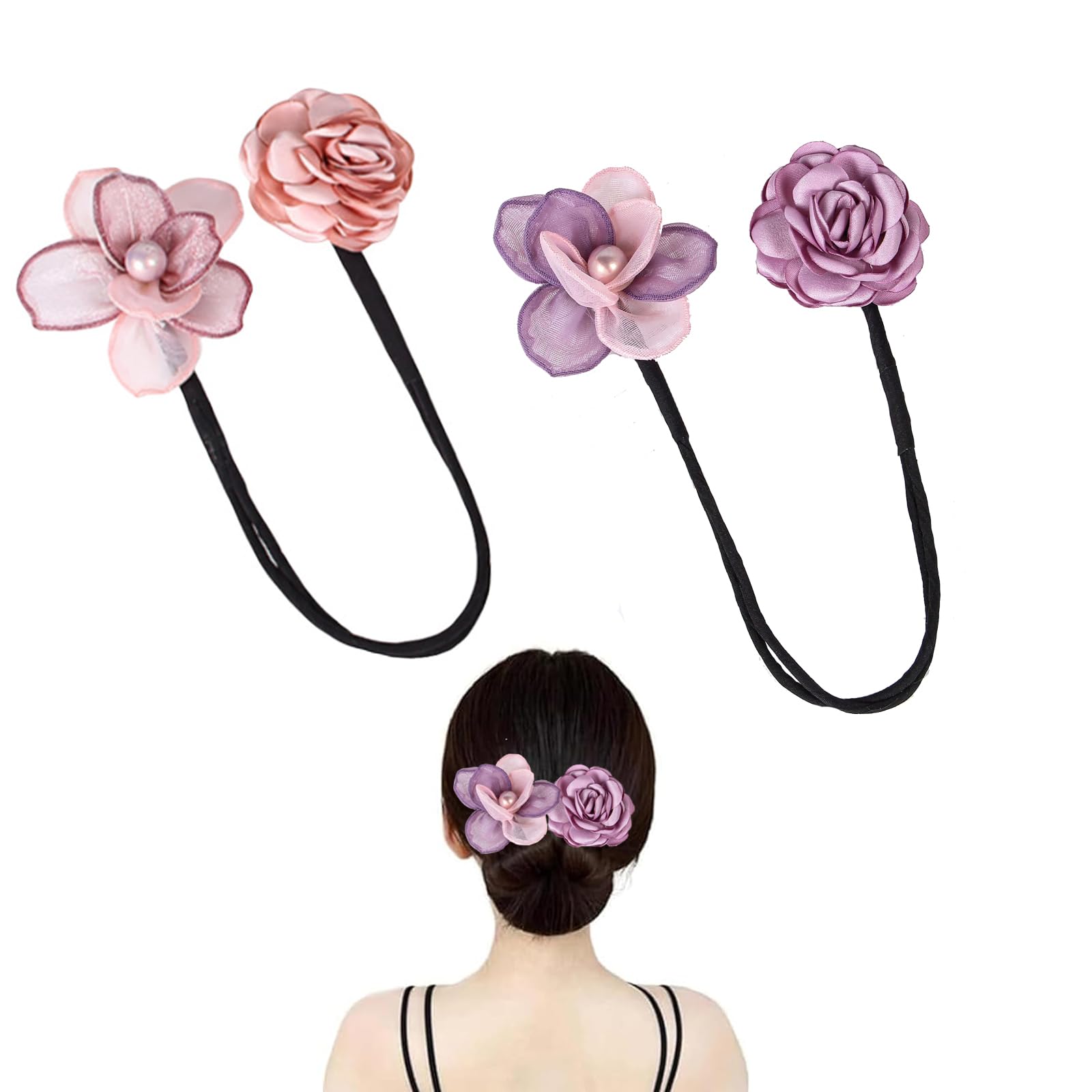 clino 2 Pcs Hair Bun Maker Deft for Women French Twist Hairstyle Pearl Flowers Deft Bun Maker Magic Donut Plate Hair Artifact Reusable Lazy Curler Accessories for Girls (purple)