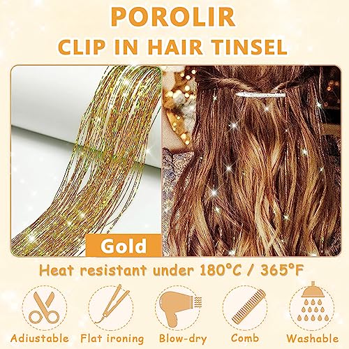 Image of MAYCREATE 6pcs Hair Tinsel Extensions, Brown Glitter Tinsel Strands, 20.5 inch Clip-on Shiny Tinsel Hair Extension, Heat Resistant Fairy Hair Glitter Kit for Women Girls Halloween Cosplay Party