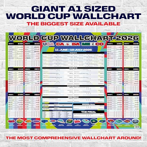 World Cup Wall Chart 2026 - Huge A1 Poster – Wall Planner Includes All Game Days, UK Kick Off Times, TV Channels & Stadiums from Official Data – Folded to A4 Size Multicoloured