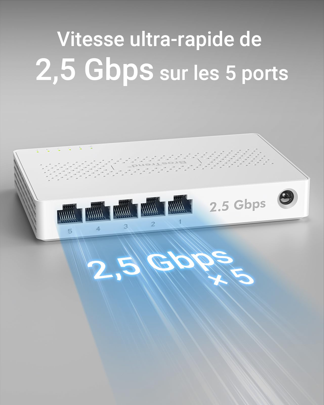BrosTrend 2.5G Switch Ethernet 5 Ports, Switch RJ45 2.5Gb Unmanaged, 5X 2.5G Base-T Ports, Commutateur Réseau Compatible avec 100/1000/2500Mbps PC NAS, Plug-and-Play sans Ventilateu, Protection à Vie