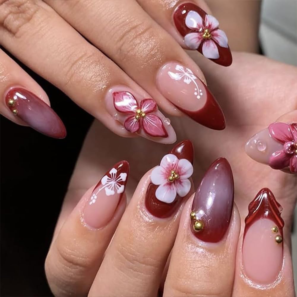 Flower Press On Nails Medium Square Gold Pearl Star Nude Pink_voghion.com