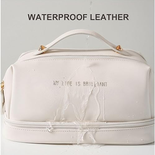 Miniatura 6 de Rebex Bolsa de cosméticos de viaje de doble capa, bolsas de maquillaje de cuero con dos asas, bolsa organizadora de artículos de tocador de cuero