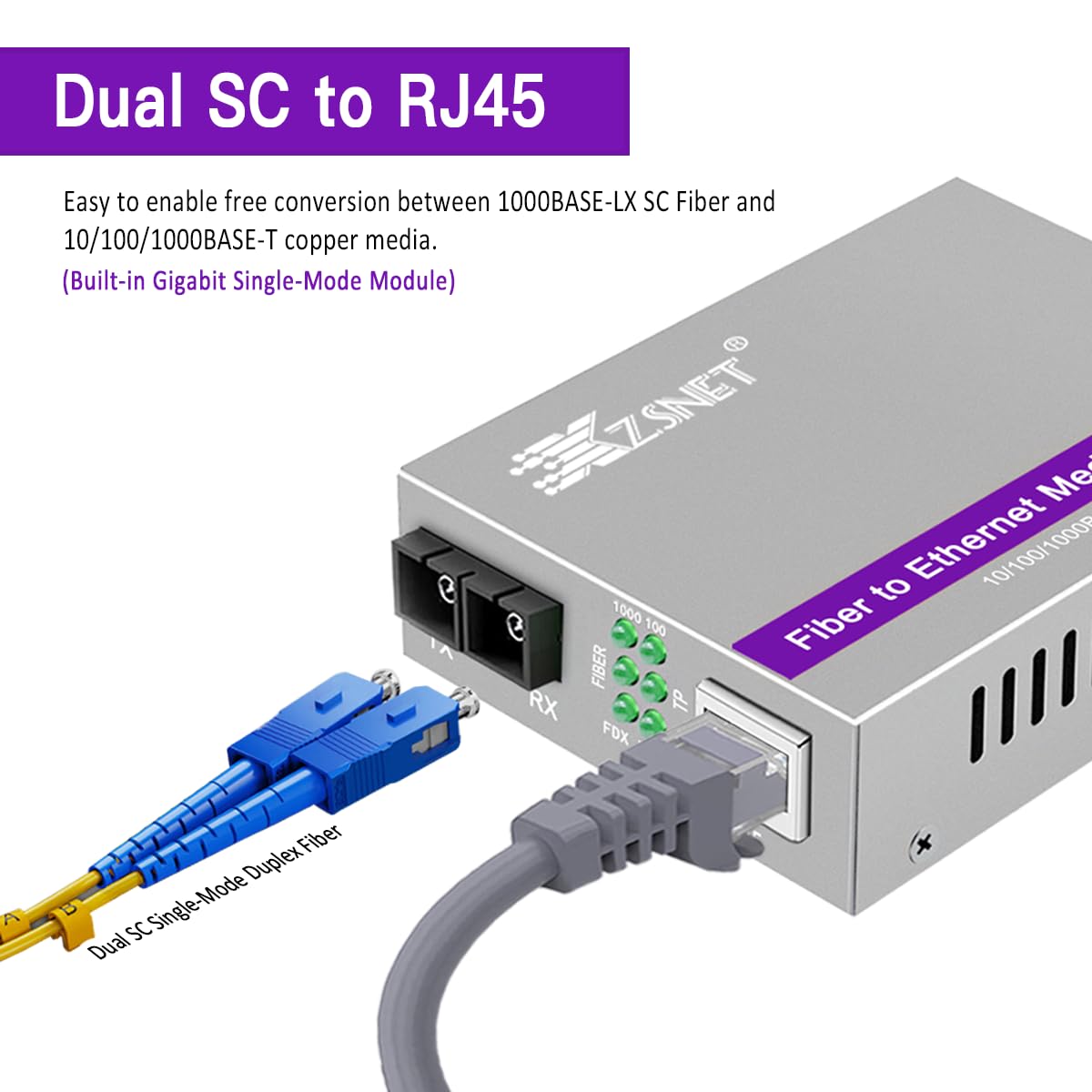Une paire de convertisseurs Gigabit SC vers RJ45, convertisseur de média fibre vers Ethernet monomode (module intégré, 1310 nm, 20 km), Plug & Play, compatible 10/100/1000 BASE-T,