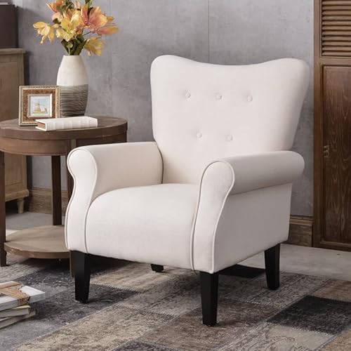 Mid Century Modern Accent Chair Armchair Reading Chair For Living Room Bedroom, High Back Arm Chair Comfy Chair For Adults, Upholstered Fabric Button Single Sofa Club Chair With Wooden Legs (Beige) #TOP1
