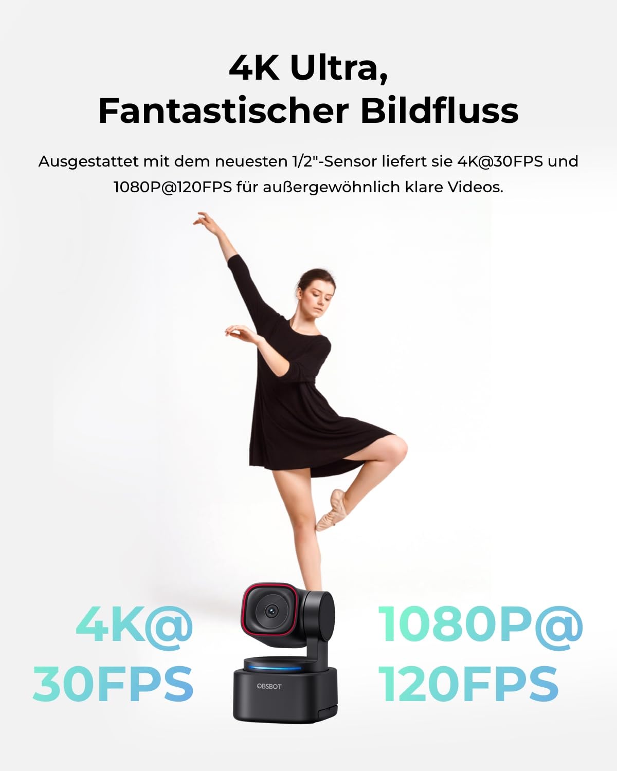 OBSBOT Tiny 3 Lite AI-Powered Spatial Audio 4K Webcam – Kompakte AI-Tracking-PTZ-Kamera mit 1/2"-Sensor, Tri-Mic, Voice Control, 120FPS, HDR, Webcam für PC, Mac, Laptop, Streaming, Meeting, Switch 2