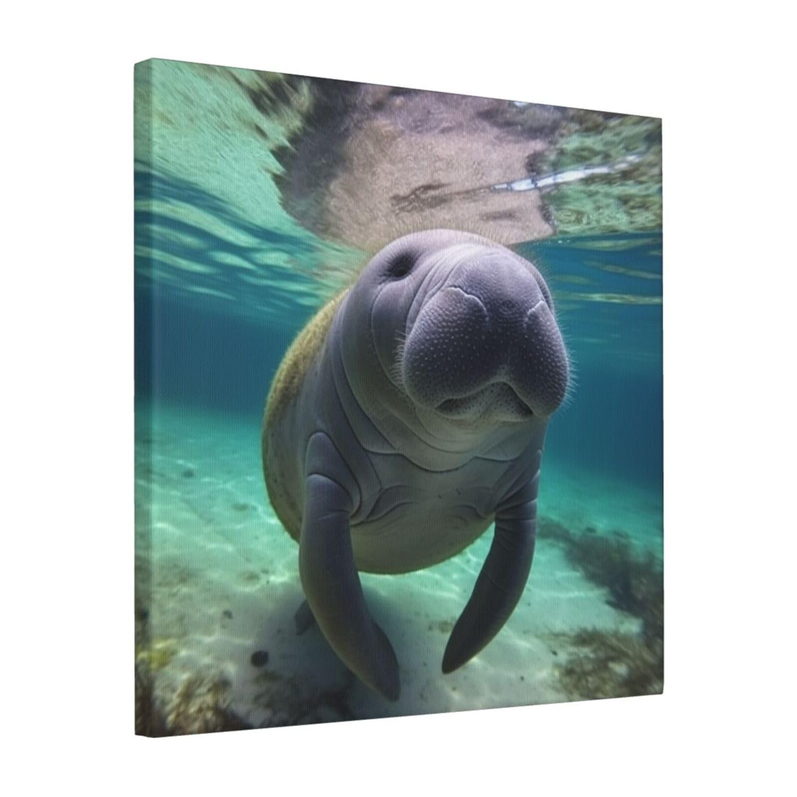 KLOPH Cute Sea Animal Manatee Canvas Wall Art for Living Room 16"x16" Modern Artwork Painting for Bathroom Hanging Canvas Prints Aesthetic Wallart for Bedroom Kitchen Office Wall Decor