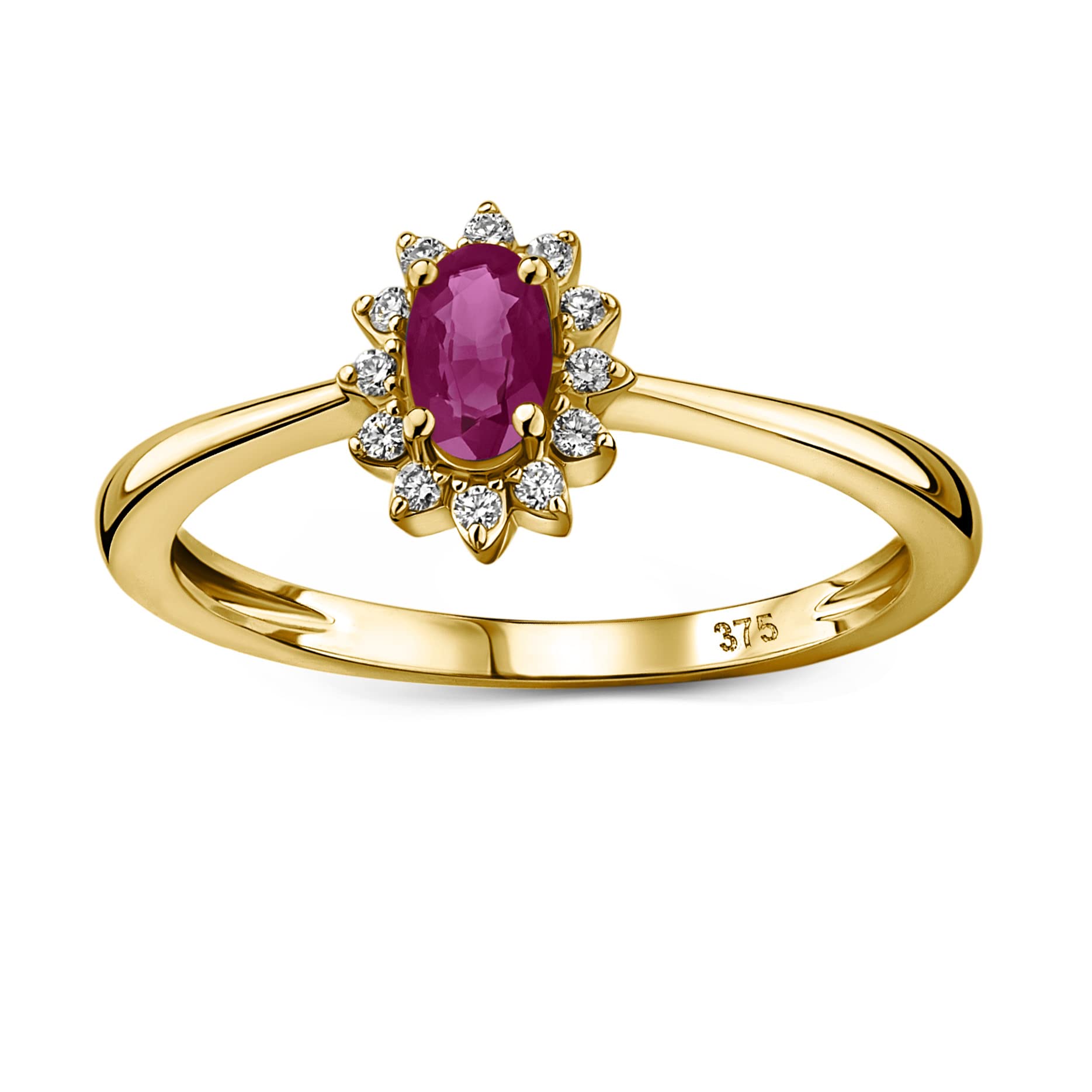 MIORE Joyas Mujer Anillo de compromiso con flor de diamante de 0,07 quilates con piedra natal de rubí rojo ovalado natural rodeado de 12 diamantes brillantes anillo clásico de oro amarillo de 9