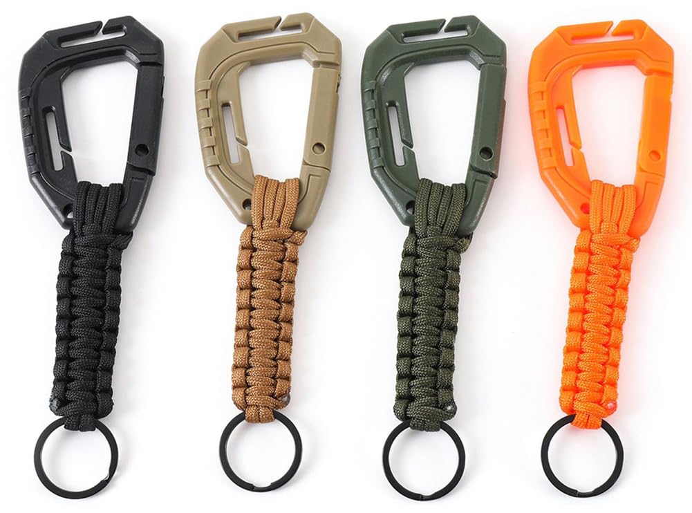 EKLOEN 4pcs Plastic Light Weight D-Ring Carabiner Hanging Hook Clip for Backpack Outdoors with Paracord