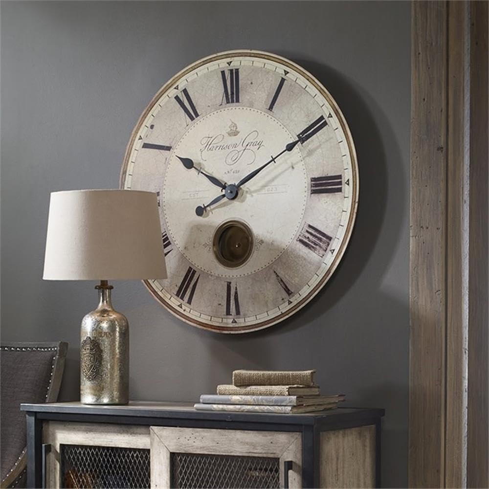 BOWERY HILL Contemporary Round Wall Clock, 30" Diameter, MDF/Brass/Aluminum, Black and Ivory Finish, Weathered Face with Brass Pendulum, Quartz Movement, Accurate Timekeeping, Home or Office Decor