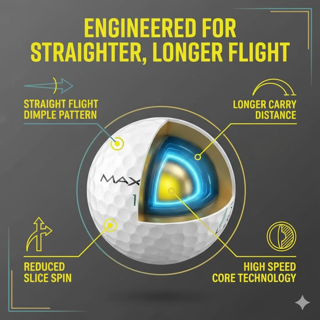 Maxfli StraightFli - Pelotas de golf color amarillo brillante, paquete de 12 pelotas de golf de baja distancia de giro para disparos más rectos | Tacto suave, cubierta de ionómero duradera | para