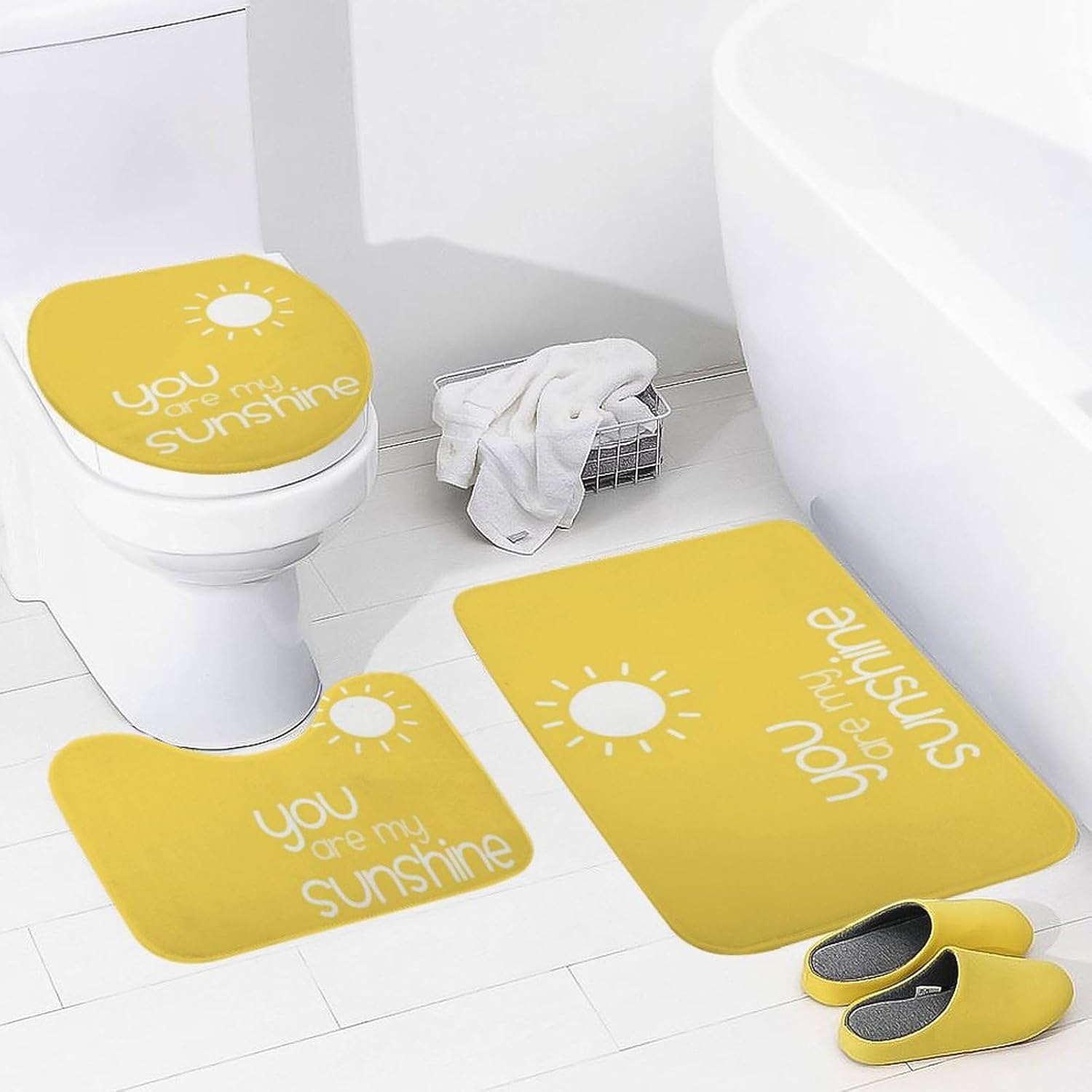 3 Pieces Bath Rug Sets, You are My Sunshine Yellow Bathroom Mats Non Slip & Soft Absorbent Bath Carpet, U Shaped Contour Rug & Toilet Lid Cover