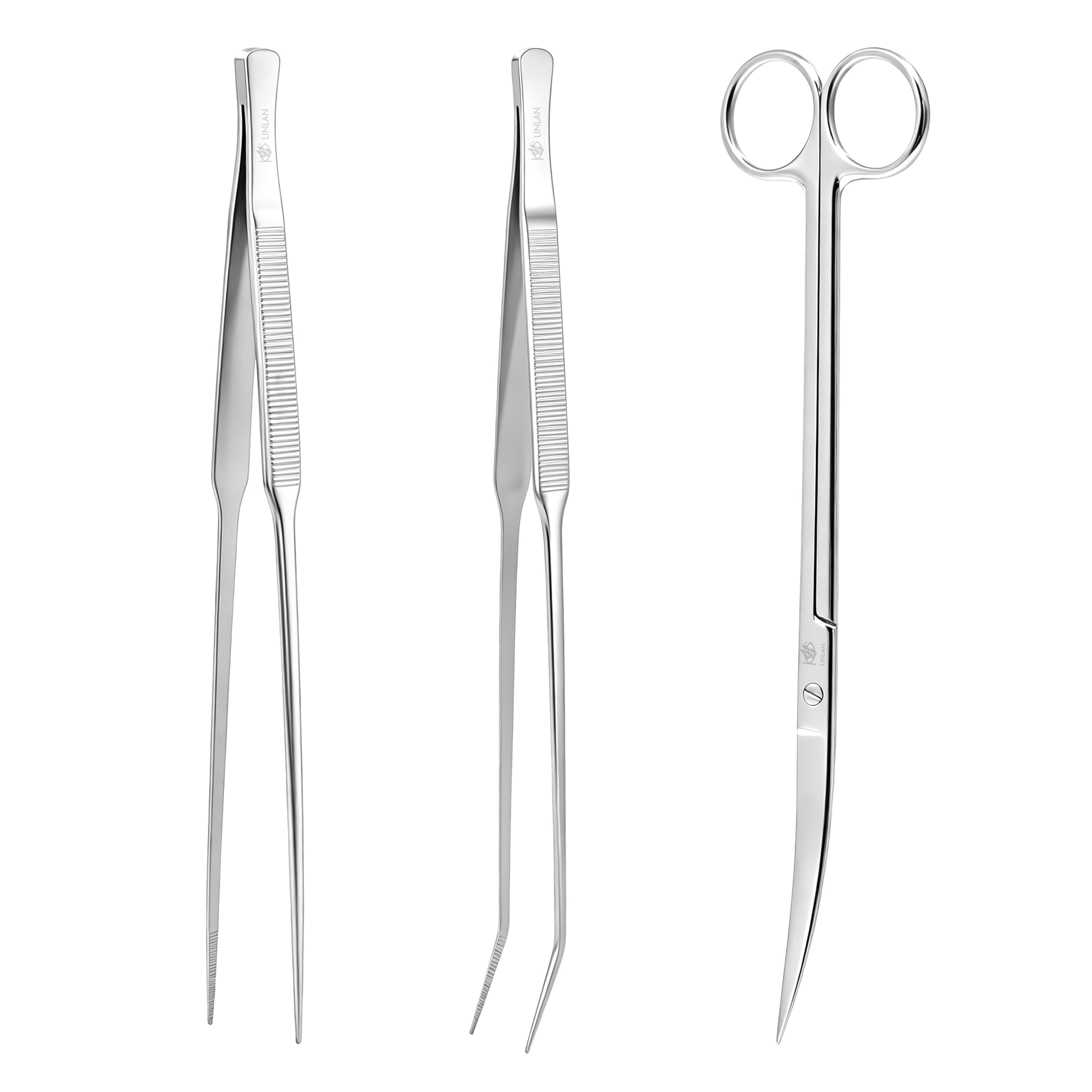 LINLAN 25cm Aquascaping Tool Set, Curved Scissors & Tweezers, Rounded Edges, for Aquarium Planting & Maintenance (Supplied Colour: Silver or Black, Dispatched at Random)