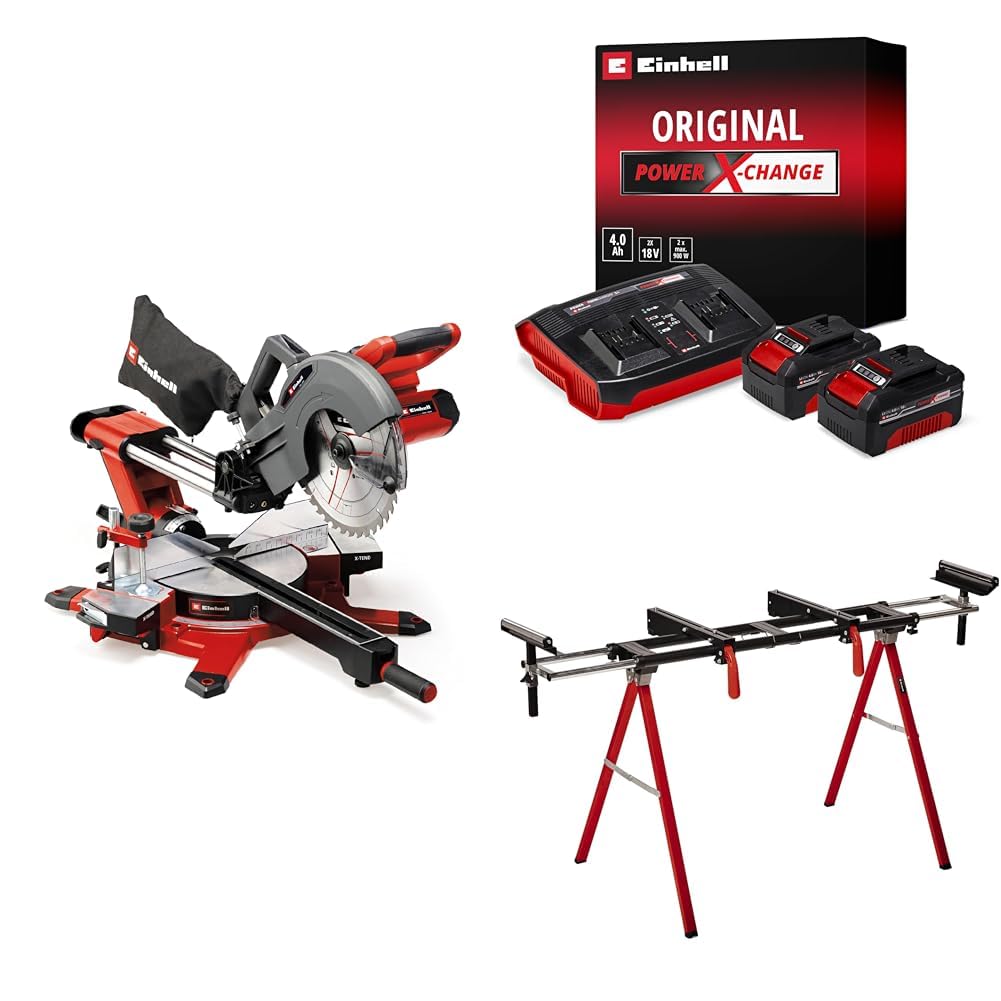 Einhell Akku-Zug-Kapp-Gehrungssäge TE-SM 36/10 L Li Power X-Change (36 V, 254 mm Sägeblatt, 3800 min^-1, Schnittlinien-Laser, inkl. PXC-Starter-Kit, inkl. Untergestell)