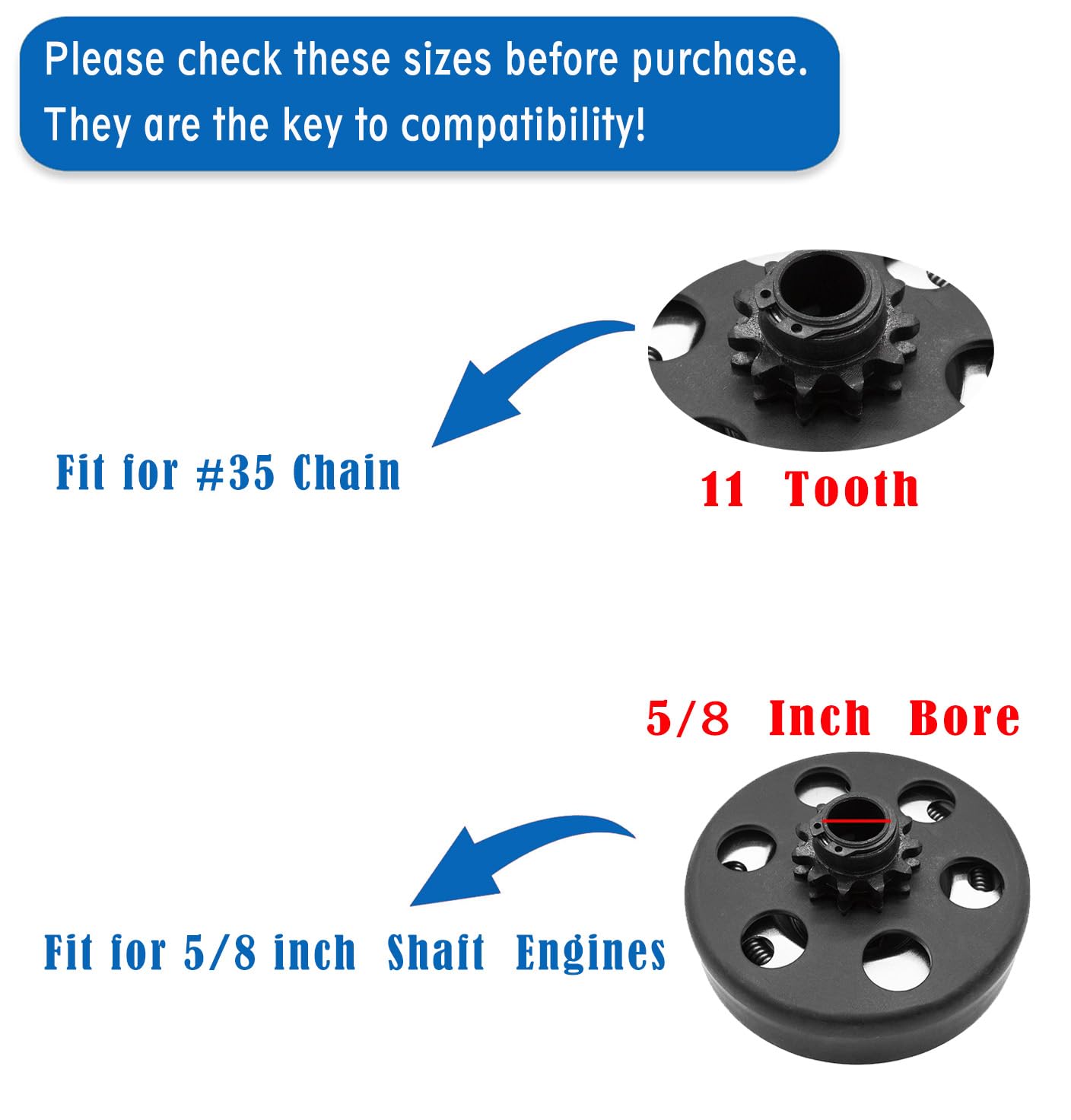 Embrague Go Kart de 5/8 pulgadas de diámetro de 11 dientes para cadena #35, embrague centrífugo. Perfecto para MiniBike, Go Kart, cortacésped y motor Fun Kart. Incluye kit de pernos y