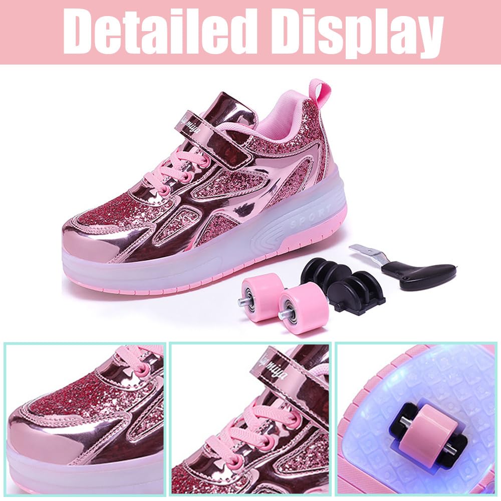 Hixingo Zapatillas con Ruedas Niño Niña, Zapatos con Dos Ruedas para Niñas 2 en 1 Zapatillas Patines con LED Zapatillas Ruedas Niño, Zapatos Patines Calzado de Skateboarding Multifuncionales