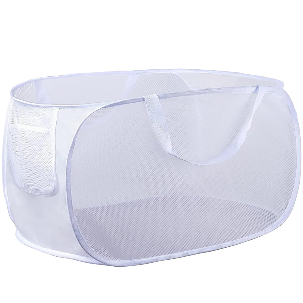 Qtopun Mesh Popup Laundry Hamper, Horizontal Foldable Portable Dirty Clothes Basket for Bedroom, Kids Room, College Dormitory and Travel - White