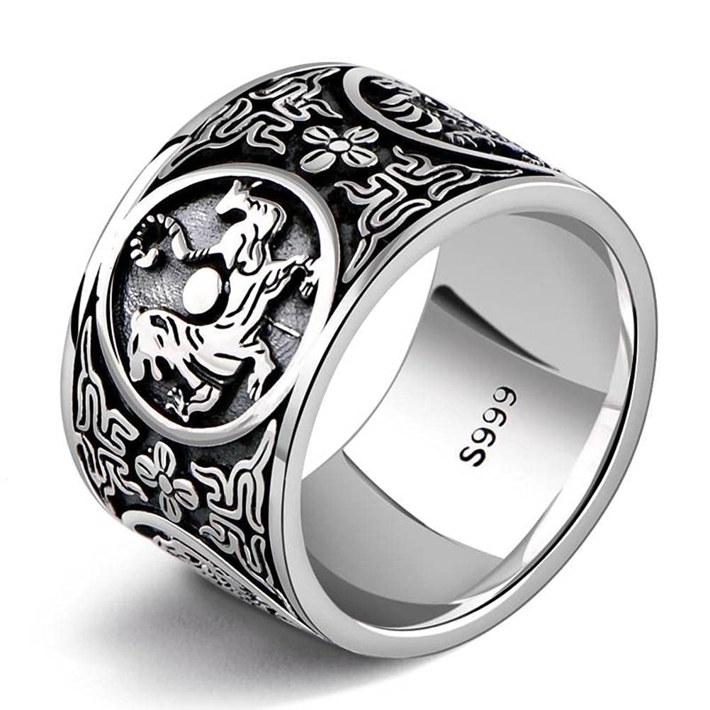 Anillo Retro S999 Plata Esterlina Plata Esterlina Cuatro Grandes Bestias Anillo Ancho Creativo Regalo de Los Hombres Anillo Dominante1, 61mm