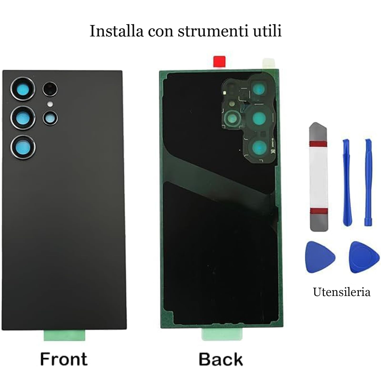 Sostituzione del Vetro Posteriore Galaxy S24 Ultra Compatibile con Samsung Galaxy S24 Ultra con Obiettivo della Fotocamera Preinstallato + Adesivo + Kit di Strumenti di Riparazione (Grigio scuro)