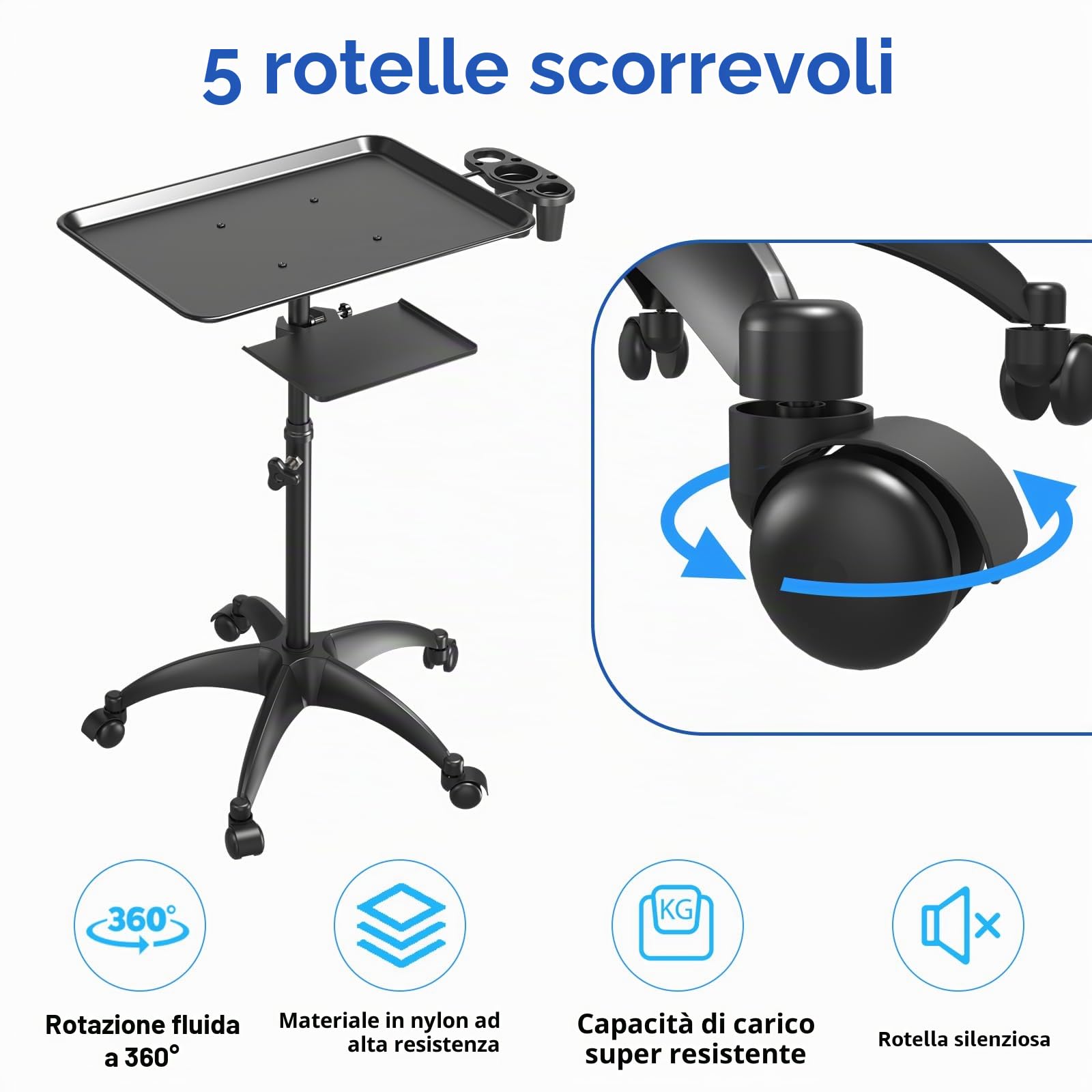 Vassoio di parrucchiere, Carrello per vassoi da salone con piattaforma portaoggetti, vassoio per tatuaggi in alluminio con carrello a ruote regolabile in altezza