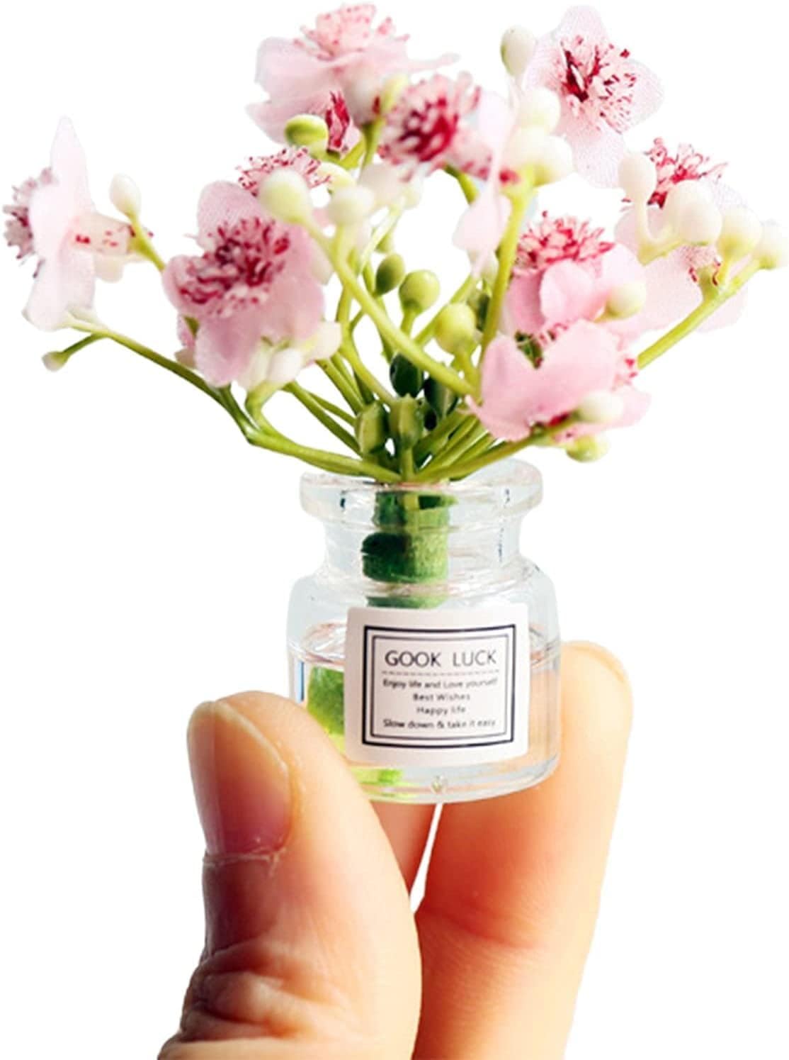Pink Miniature Flower in Vase Dollhouse Mini Jasmine Flowers Handmade Easily Matched Dollhouse Flower Vase Set Model Decor for 1:6 or1:8 Scale Micro Landscape