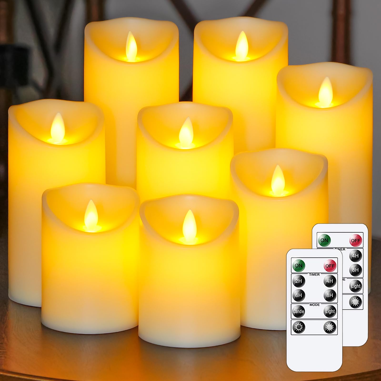 Vtobay Packung mit 8 Flammenlosen Batteriebetriebenen Beweglichen Docht 7,5cm x10 10 12,5 15 15 17,5 20 20cm LED-Kerzen mit Fernbedienung, Flackernde timerfunktion Elfenbein Kunststoff-Kerzen