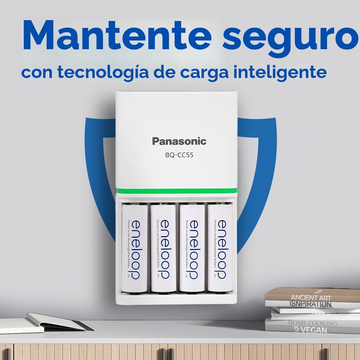 Panasonic eneloop Cargador SmartPlus para 1-4 baterías AA/AAA Ni-MH, 4 indicadores LED, 10 características de seguridad, 4 baterías eneloop AA/Mignon, capacidad min. 2000